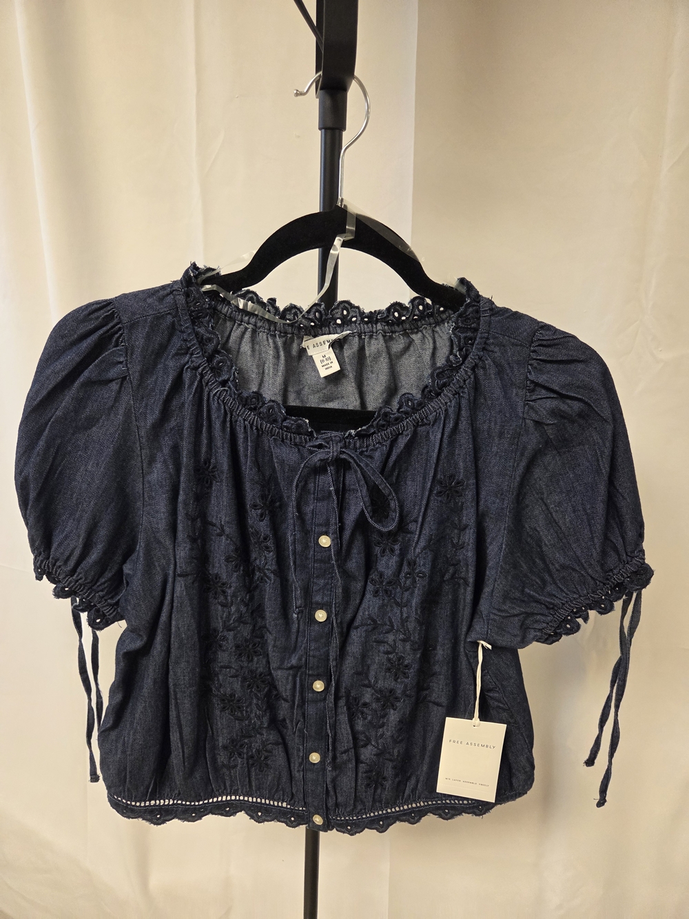 Blue Embroidered Puff-Sleeve Peasant Blouse - Soft Denim Look